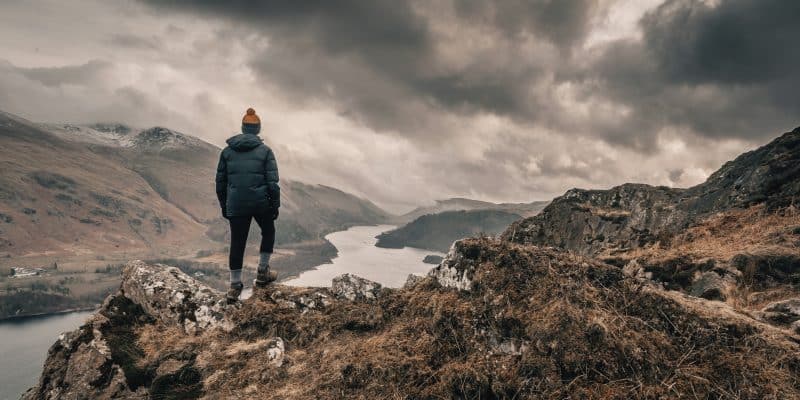 A dramatic viewpoint overlooking Thirlmere Reservoir in the Lake District.