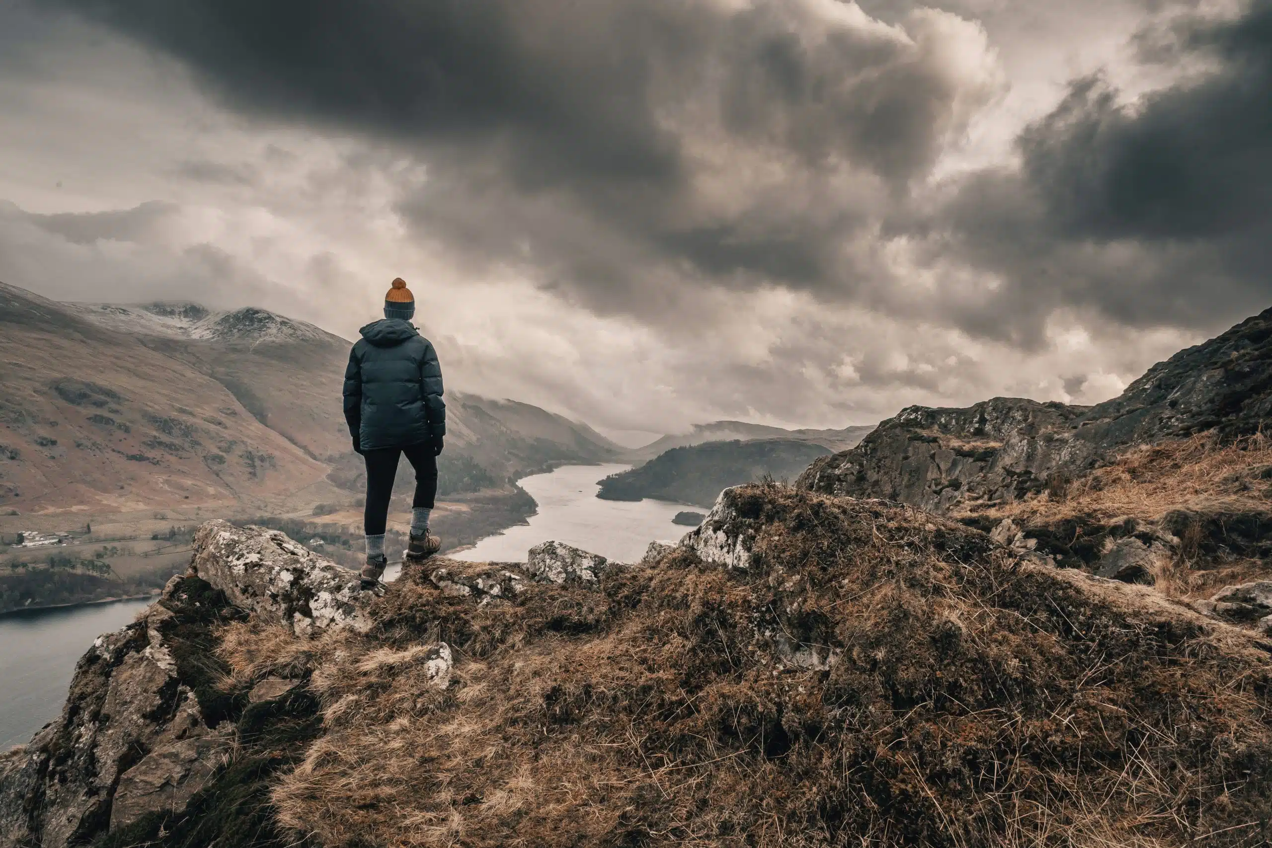 A dramatic viewpoint overlooking Thirlmere Reservoir in the Lake District.